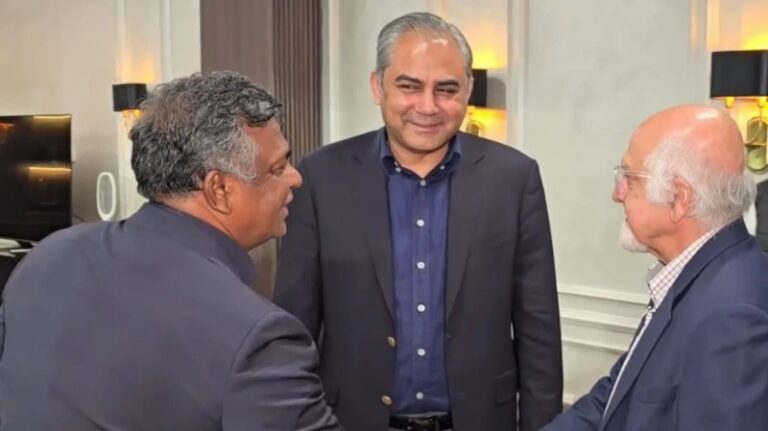 PCB Chairman Mohsin Naqvi meets with BCB President Aminul Islam and ICC Deputy Chairman Imran Khwaja at Gaddafi Stadium, Lahore