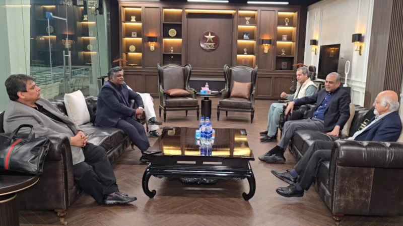 PCB Chairman Mohsin Naqvi meets with BCB President Aminul Islam and ICC Deputy Chairman Imran Khwaja Lahore