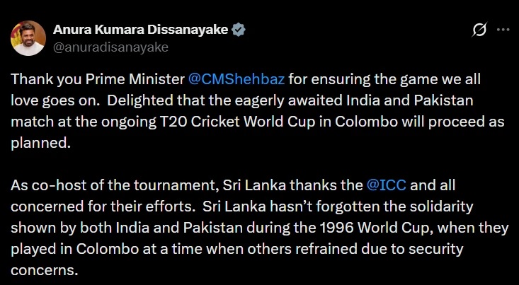 Sri Lankan President Anura Kumara Dissanayake thanked Pakistan in a post